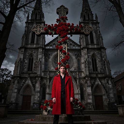 Photograph of a mournful man in a red coat, standing before a Gothic cathedral, holding a cross adorned with red roses. Dark, stormy