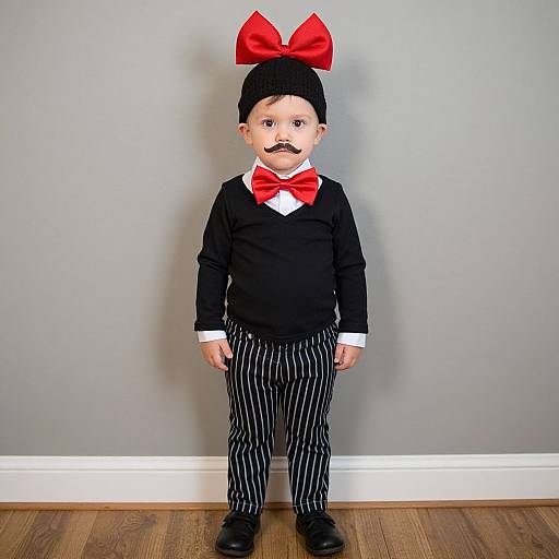 Photograph of a young boy in a black outfit with a red bow tie, striped pants, black shoes, and a large red bow on his black