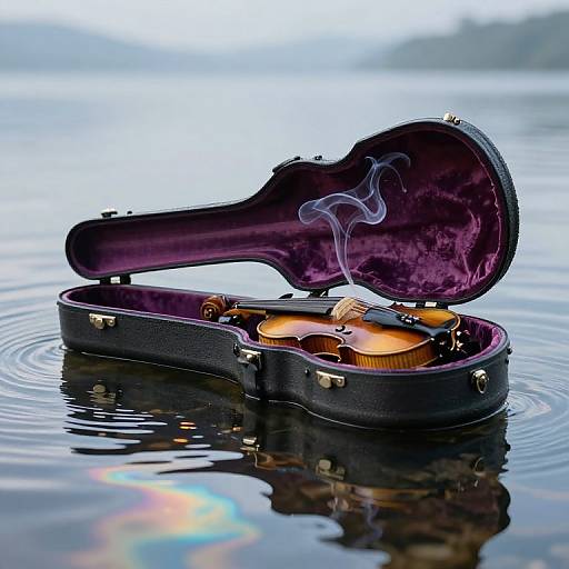 Photograph of an open, purple-lined guitar case with a partially submerged, smoke-wafting acoustic guitar floating on calm water.