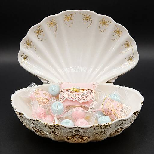Photograph of an illuminated, ornate white seashell-shaped box with delicate gold patterns, containing pink and blue decorative eggs.