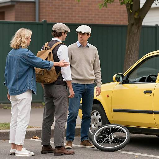 Three People Discussing Near Yellow Car with Bent Bike Wheel