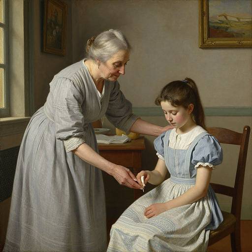 An elderly woman with gray hair in a light gray dress gently cuts the hair of a young girl in a blue dress, seated by a window in a
