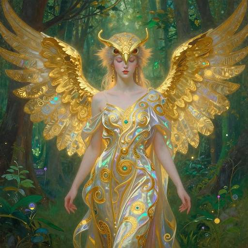 Ethereal Harpy in Klimt-Inspired Forest