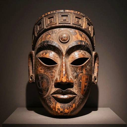 Photograph of an ancient, intricately carved wooden mask with a symmetrical face, almond-shaped eyes, full lips, and a geometric headband,