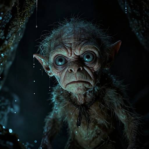 Photorealistic CGI of a scared, blue-eyed, feral goblin with pointed ears, wet fur, and intense gaze, set against a dark