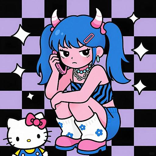 Frustrated Blue-Haired Girl Illustration