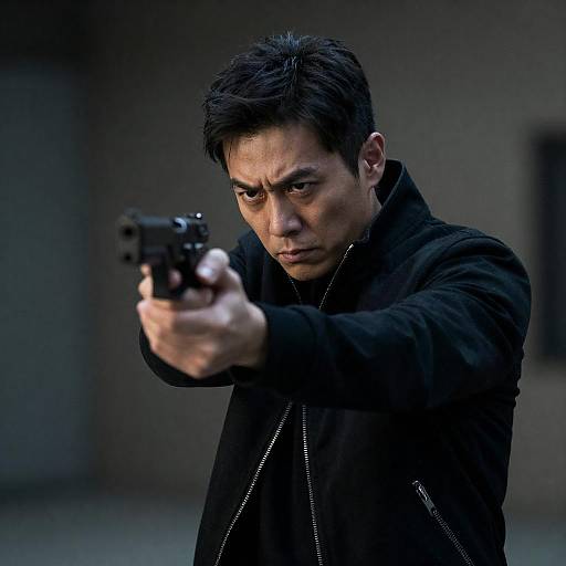 Intense Man Aiming Gun in Shadows