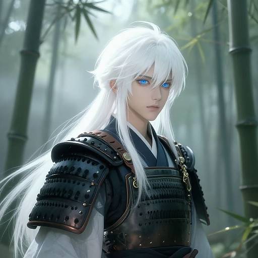 Digital anime-style drawing of a white-haired, blue-eyed samurai with glowing hair, wearing black armor, standing in a misty bamboo forest.