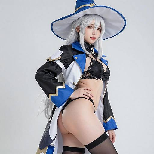 Cosplayer in White Hair and Witch Hat