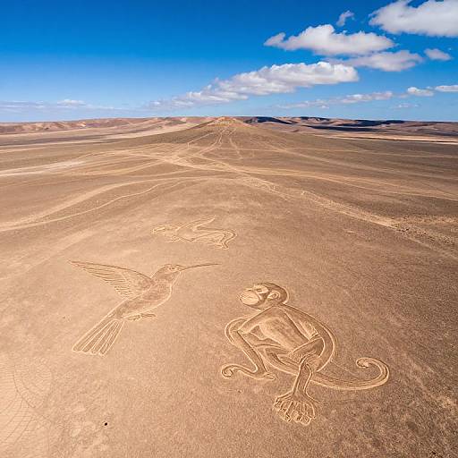 Photograph of a desert landscape with a detailed sand drawing of a monkey and bird in the foreground, under a bright blue sky with scattered clouds.