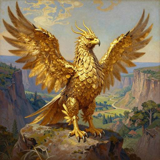Digital painting of a golden phoenix with outstretched wings, standing on a cliff, overlooking a lush, mountainous landscape with a winding river.