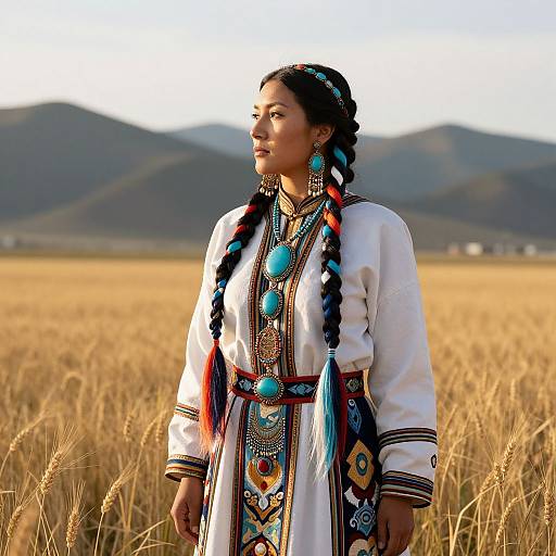 Photograph of a young Indigenous woman with braided hair, wearing a colorful traditional dress with turquoise beads, standing in a golden wheat field with mountains in