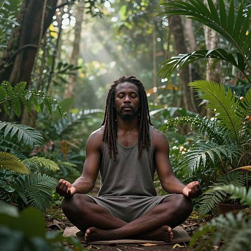 Photograph of a black man with long dreadlocks, wearing a gray tank top and shorts, meditating in a lush, sunlit forest with fern