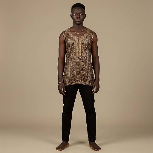 Photograph of a dark-skinned, muscular man with short hair, wearing a gold-patterned sleeveless shirt, black pants, and a bracelet,