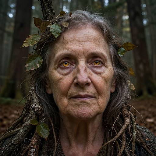 Photograph of an elderly woman with deep wrinkles, yellow eyes, long gray hair, and leaf crowns, standing in a forest.