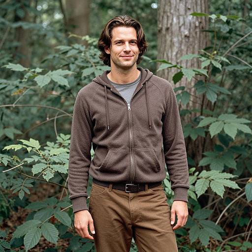 Young Man in Brown Hoodie Standing in Forest