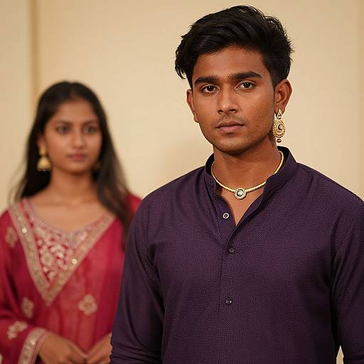 Photograph of a serious young Indian man with dark hair, wearing a black shirt and gold necklace, standing in front of a blurred woman in a red
