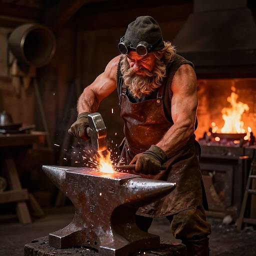Photograph of a muscular, bearded blacksmith with glasses, wearing a leather apron and cap, hammering glowing hot metal on an anvil