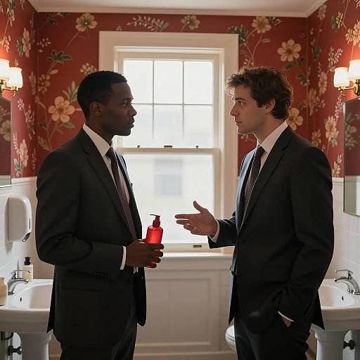 Men in Suits in Floral Bathroom Scene