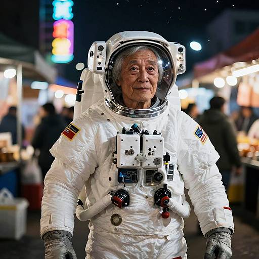 Hyperrealistic Elderly Astronaut in Neon Night Market