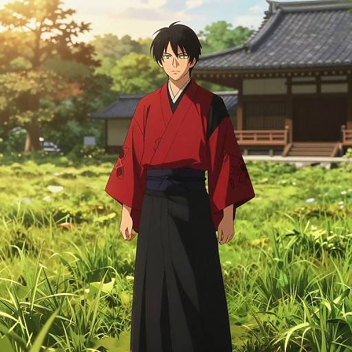 Calm Anime Warrior in Red Kimono
