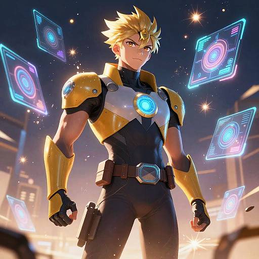 Digital anime-style artwork of a muscular, blonde, male superhero with golden armor and a blue glowing chest emblem, surrounded by floating neon holograms, standing