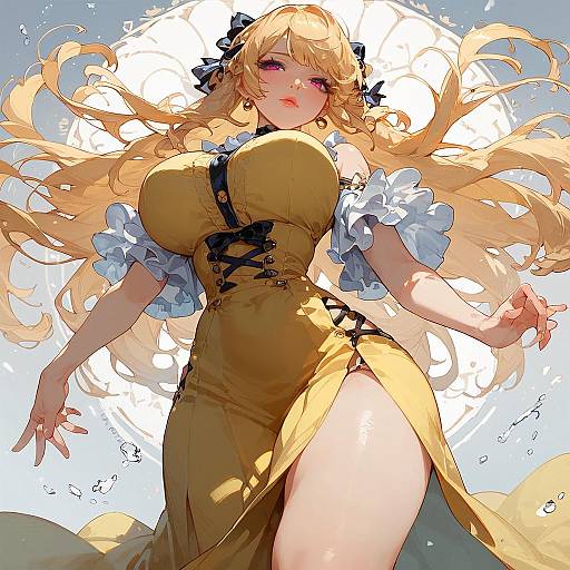 Digital anime-style illustration of a blonde woman with large breasts, wearing a yellow dress with black lace, white puffed sleeves, and a black bow,