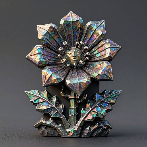 Photograph of a metallic, iridescent flower sculpture with multicolored, prism-like petals and leaves, set against a dark gray background.