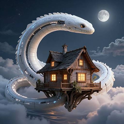 Digital artwork: A glowing white serpent encircles a wooden, lantern-lit house floating in the clouds under a full moon.