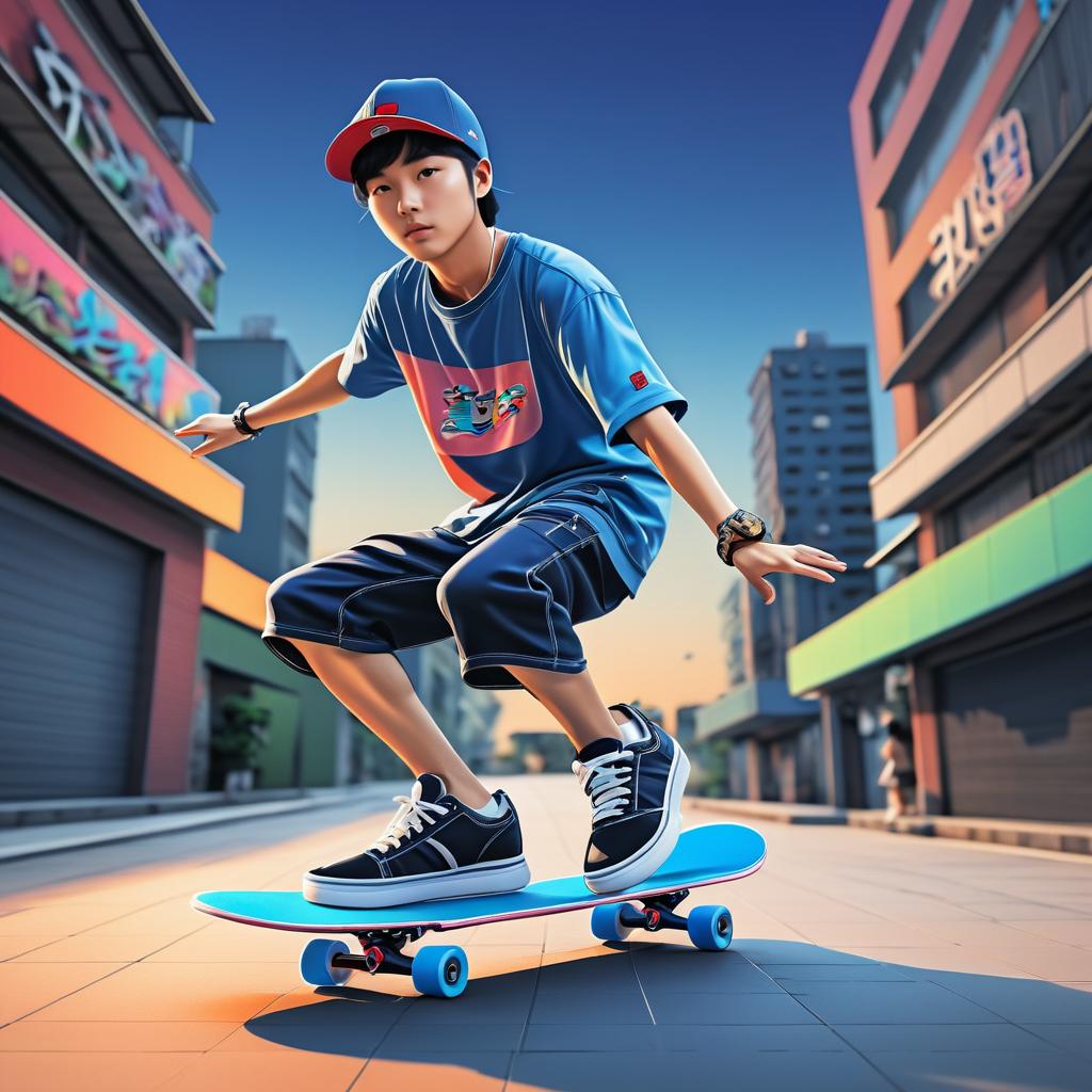 Dynamic Korean Skateboarder in Urban Style