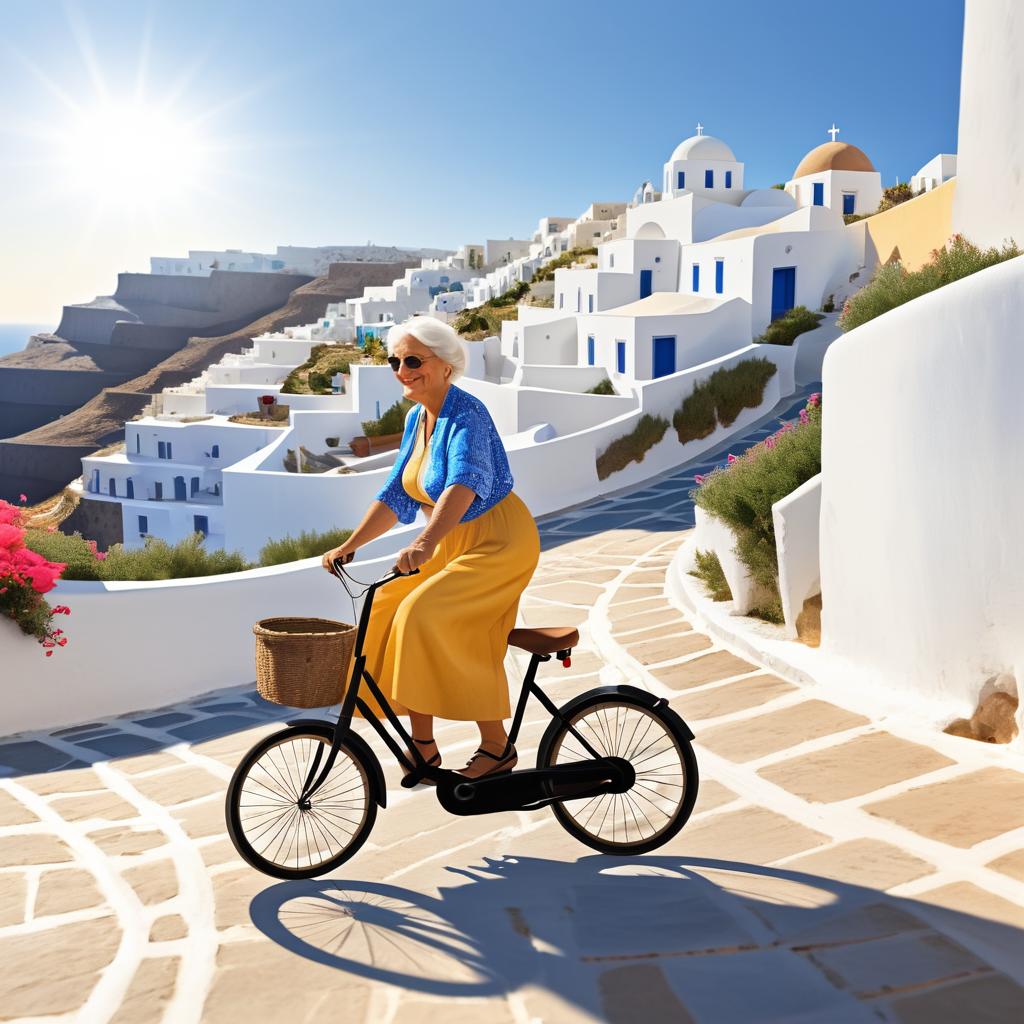 Elderly Woman Joyfully Riding Bike in Santorini