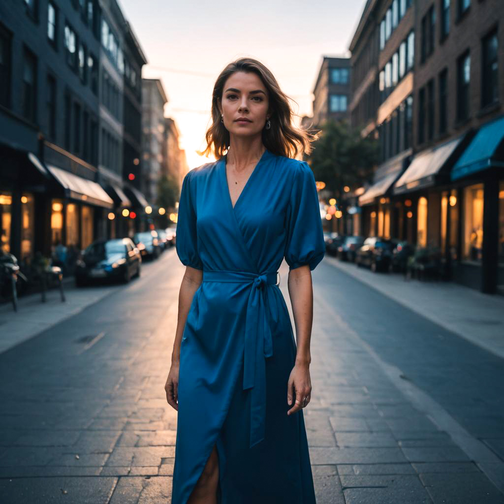 Chic Woman in Blue Dress at Sunset