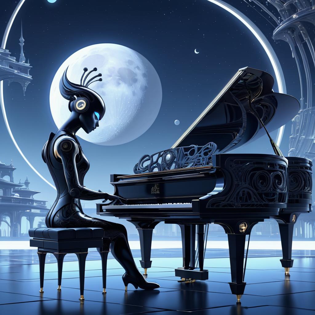 Elegant Robot Playing Grand Piano Under Moon