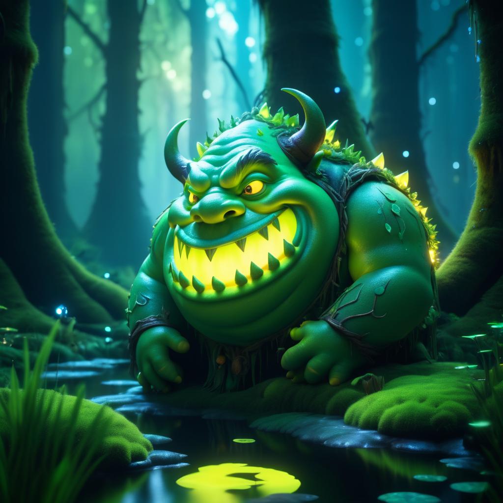 Whimsical Glowing Ogre in Enchanted Swamp