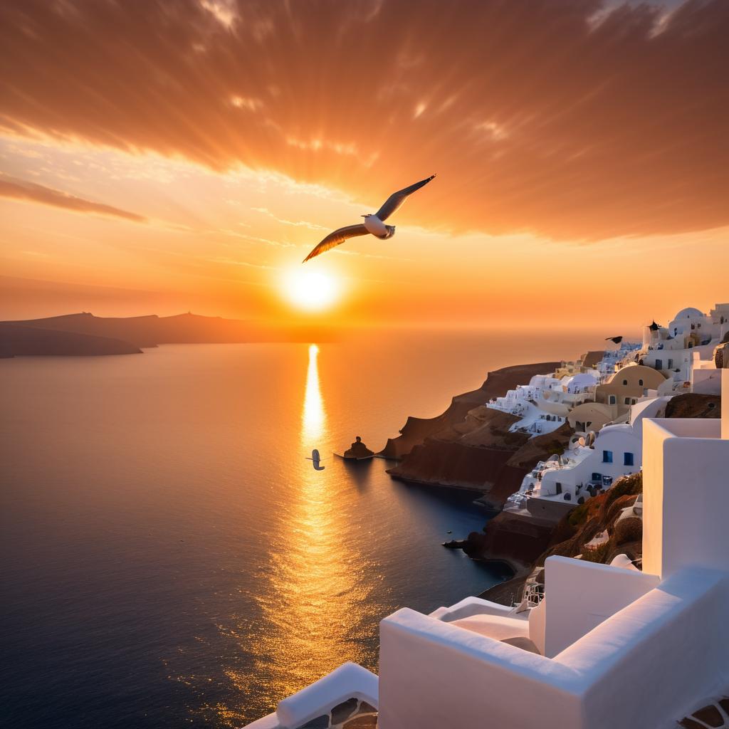 Dramatic Sunset with Seagull in Santorini