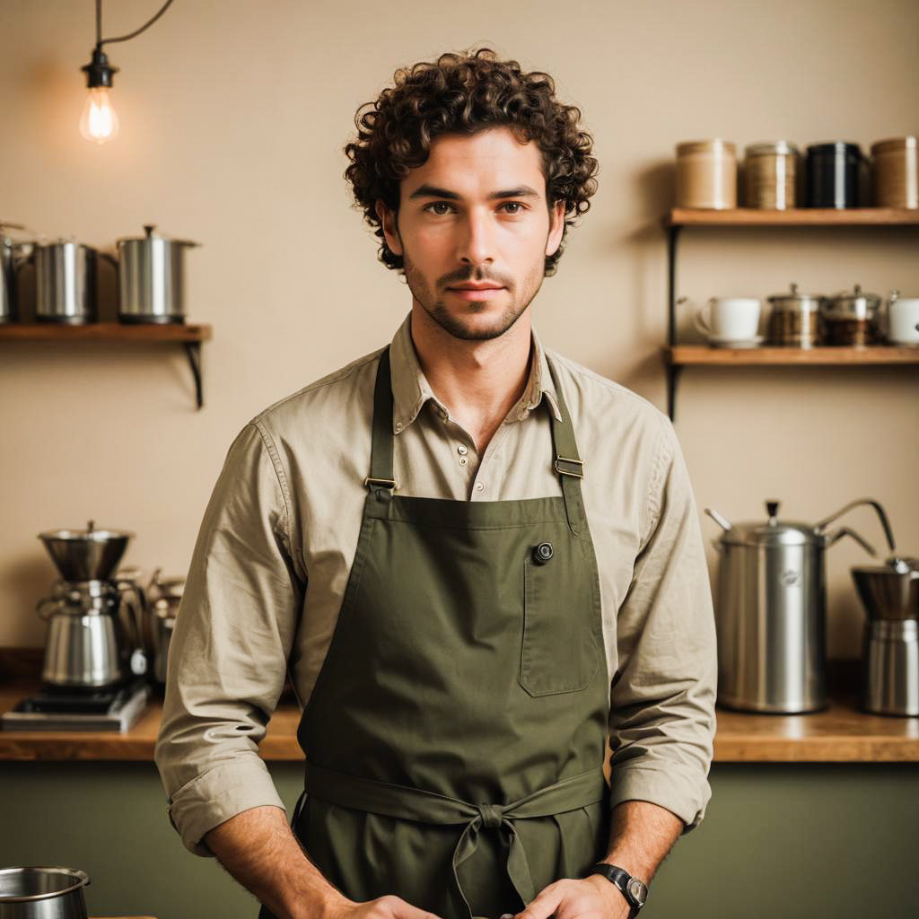 Contemplative Barista in Olive Studio