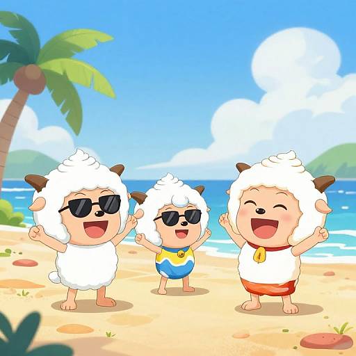 Three cartoon sheep children with white wool, brown ears, and sunglasses joyfully stand on a sunny beach with palm trees and ocean.