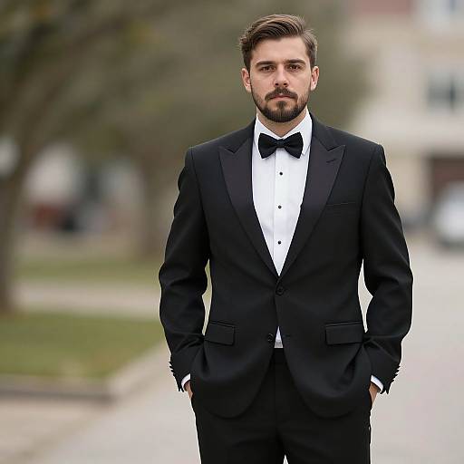 Photograph of a handsome, bearded man with short brown hair, wearing a black tuxedo with a black bow tie, standing confidently on a