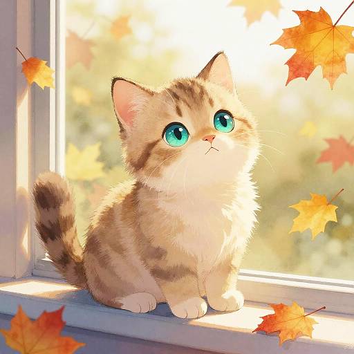 Adorable, fluffy, brown and white kitten with bright blue eyes sits on a sunlit window sill, surrounded by falling autumn leaves. Digital anime-style