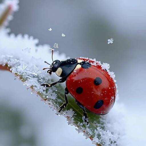 Close-up photograph of a vibrant red ladybug with black spots, covered in ice crystals, perched on a frosty branch.