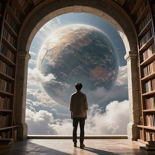 Silhouetted person in library archway gazes at enormous, sunlit Earth in the sky, surrounded by clouds. Digital art.