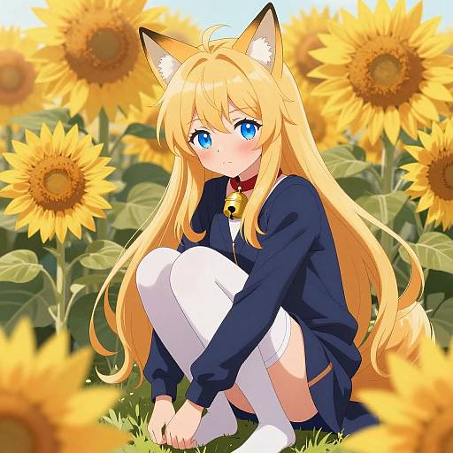 Anime-style drawing of a blonde girl with cat ears and blue eyes, wearing a navy jacket, white thigh-highs, and a bell collar, sitting
