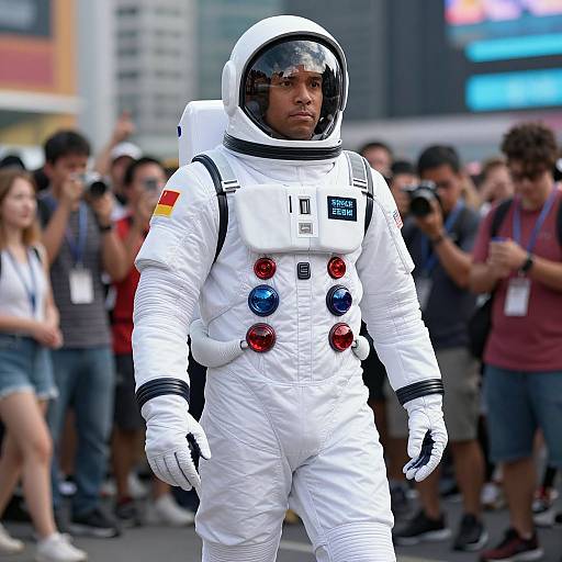 Photograph of an Asian man in a white astronaut suit with red, blue, and black buttons, standing among a crowd of onlookers in an
