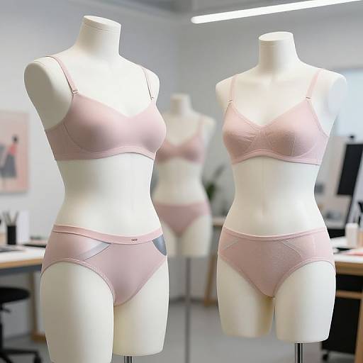 Photograph of three white mannequins in soft pink lingerie, displaying bras and panties, in a brightly lit, modern studio.
