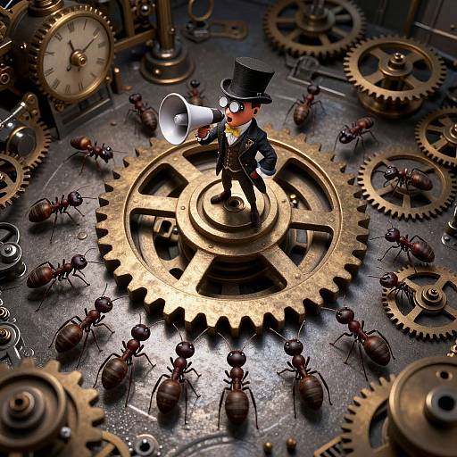Photorealistic CGI: Steampunk-style miniature man in top hat and monocle, standing on gear, blowing whistle, surrounded by marching ants on