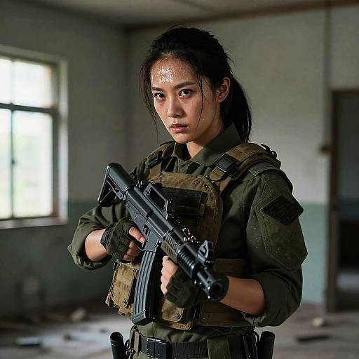 Photorealistic CGI of an Asian woman with dark hair in a ponytail, wearing tactical gear and holding a rifle, standing in a dimly lit