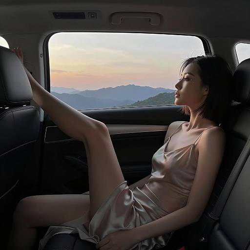 Woman Reclining in Car at Sunset