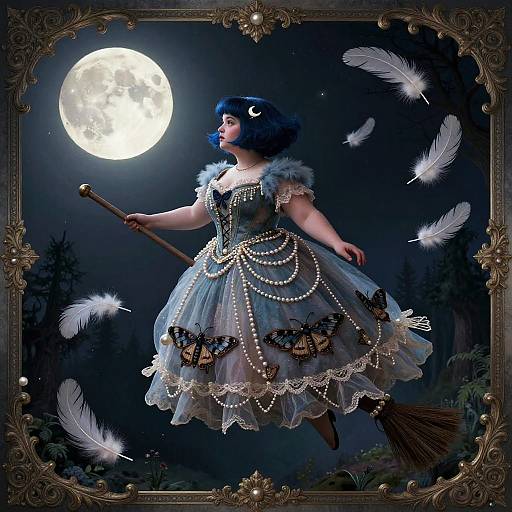 Whimsical Gothic Witch on Moonlit Broom