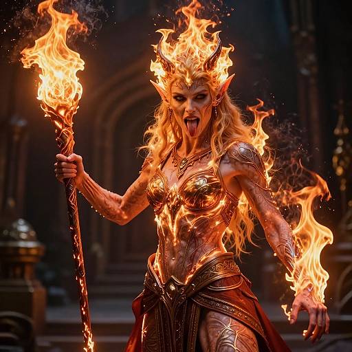 Photograph of a fierce, fiery-wielding female demon with long blonde hair, ornate gold armor, and flaming crown, standing in a dark,