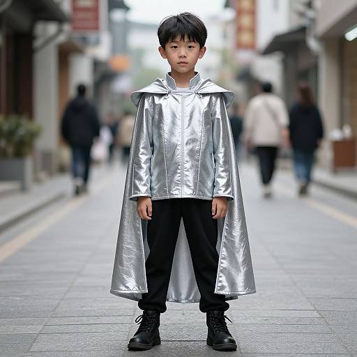Photograph of a young Asian boy standing on a street, wearing a silver metallic cape over a black outfit and boots, with a blurred urban background.